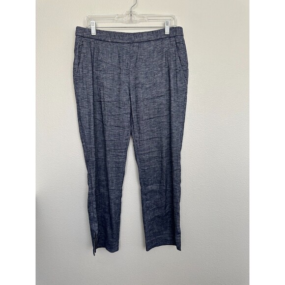 Theory Women's Thaniel Tierra Wash Linen Blend Ankle Trousers Blue Elastic Sz 10 - Picture 2 of 8